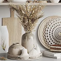 Minimalist Decorative Ornament Combination With Dried Pampas Grass Woven Plate Ceramic Vases And Wooden Board