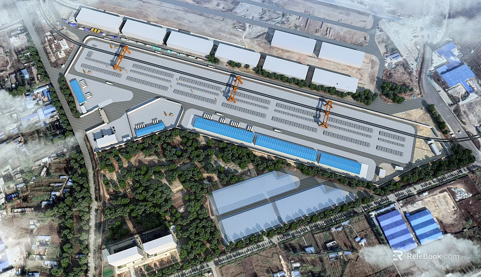 Aerial View Planning of Modern Industrial Park With Warehouses Cranes and Blue Water Areas 3d model 