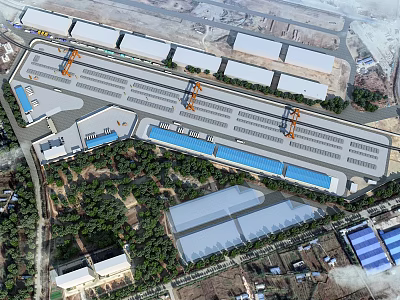 Aerial View Planning of Modern Industrial Park With Warehouses Cranes and Blue Water Areas 3d model