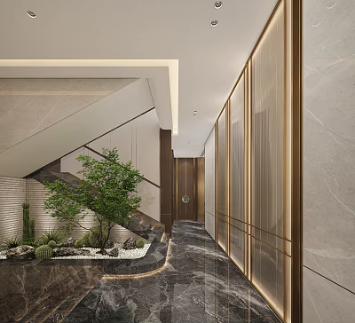 Stylish Foyer Passage With Marble Flooring Wooden Doors Green Plants And Staircase 3d model