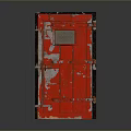 Red Distressed Door With Peeling Paint And Metal Grid Panel Detail