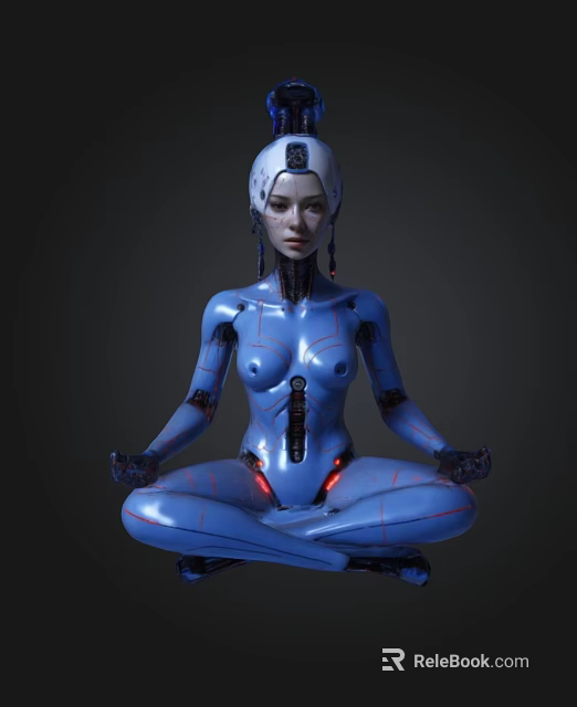 Blue Humanoid Robot in Lotus Position with Mechanical Structure and Red Lights 3d model