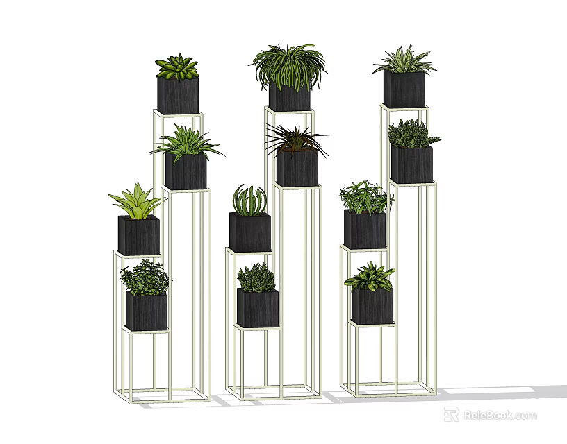 Elegant Modern Metal Plant Stands With Multiple Bonsai Potted Plants 3d model 