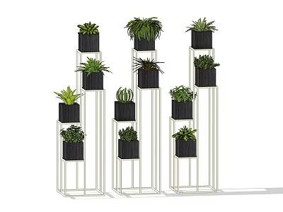 Elegant Modern Metal Plant Stands With Multiple Bonsai Potted Plants 3d model