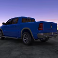 Blue RAM Pickup Truck With LED Headlights And Sunset Sky On Gray Ground