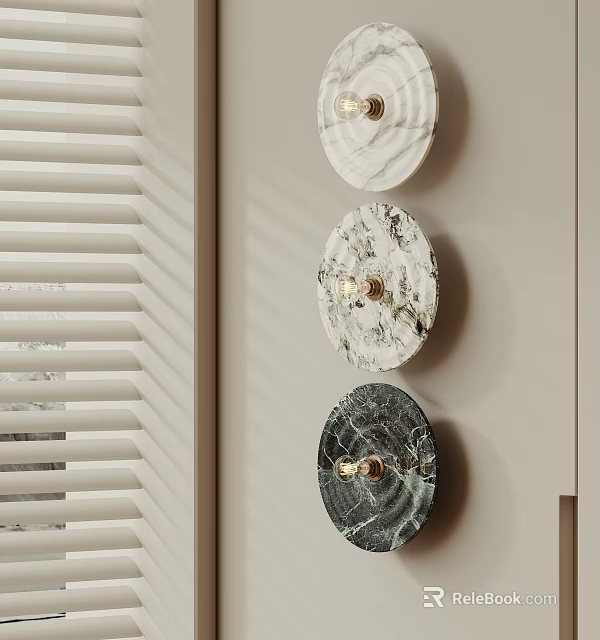 Elegant Round Marble Wall Lamps Mounted On Beige Wall With Window Blinds 3d model 
