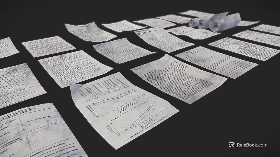 Scattered White Papers And Rolled Documents On Black Background Surface 3d model