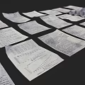 Scattered White Papers And Rolled Documents On Black Background Surface 3d model