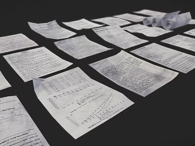 Scattered White Papers And Rolled Documents On Black Background Surface 3d model