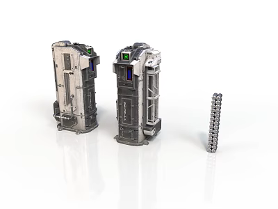 Two Detailed Futuristic Mechanical Devices With Metallic Chain On White Background 3d model