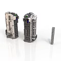 Two Detailed Futuristic Mechanical Devices With Metallic Chain On White Background