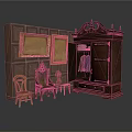 Architectural Interior With Dark Wooden Paneling Golden Framed Paintings Carved Armoire And Wooden Chairs