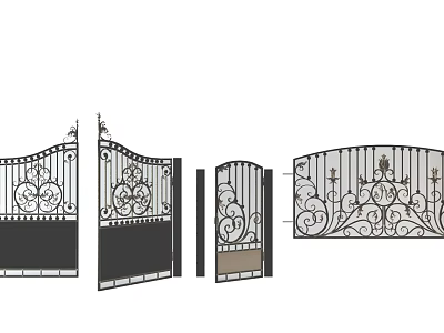Wrought Iron Gates With Intricate Carved Designs Double Door Single Gate And Decorative Top Rail 3d model