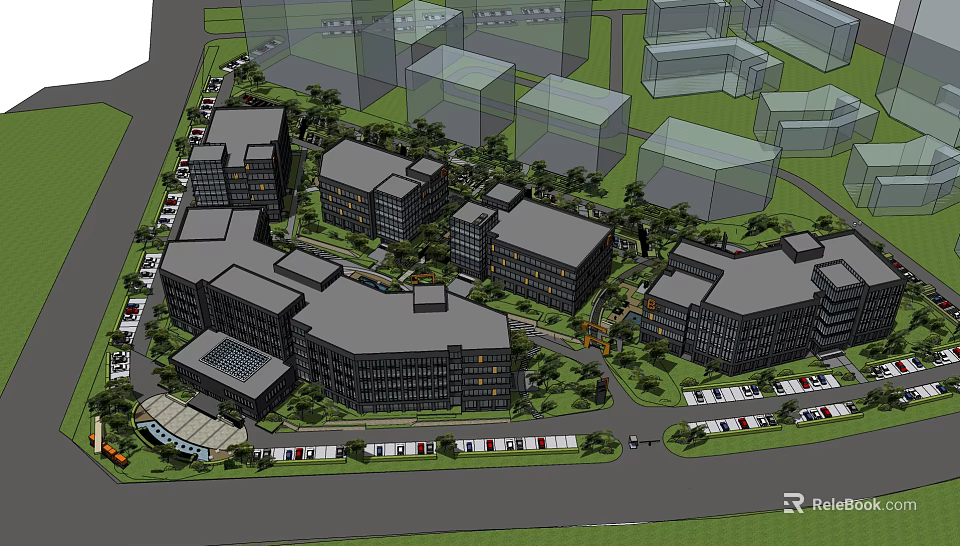 Modern Office Building Complex Exterior With Greenery And Parking Spaces 3d model 