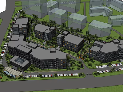 Modern Office Building Complex Exterior With Greenery And Parking Spaces 3d model