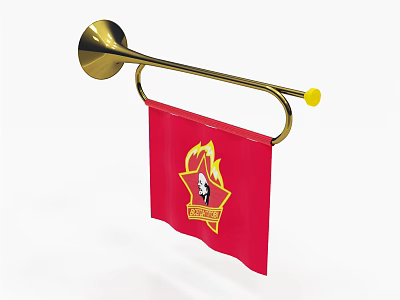 Brass Musical Instruments and Art Supplies Featuring Red Flag with Flame Emblem Design 3d model