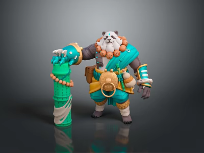 Panda Warrior Character Design With Green Bamboo Staff And Blue Outfit 3d model