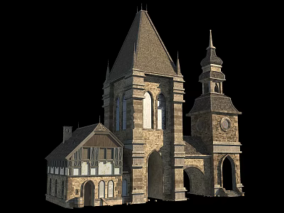 Ancient Architectural Building with Tower Spire Stone Walls and Arched Windows 3d model