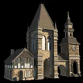 Ancient Architectural Building with Tower Spire Stone Walls and Arched Windows