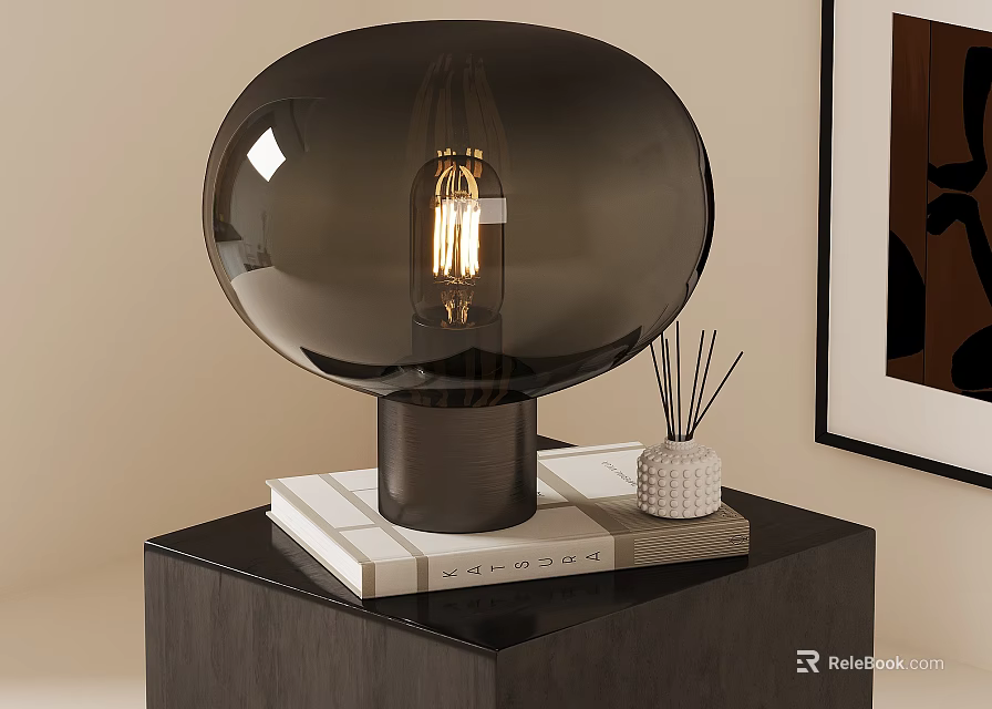 Black Round Glass Shade Table Lamp on Stacked Books with Aromatherapy Sticks 3d model 