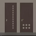 Modern Wooden Swing Doors With Rectangular Glass Inserts And Round Decorative Accents