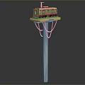 Miniature Train Model On Pole Mounted Platform With Orange Ropes And Colorful Design