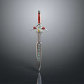 Decorative Fantasy Sword With Silver Blade Red Hilt Ornate Guard And Blue Runes