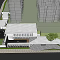 Modern Sales Office Building Exterior With Glass Facade White Walls Front Entrance And Tree