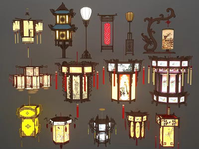 Traditional Chinese Lanterns With Various Decorative Designs And Intricate Patterns 3d model
