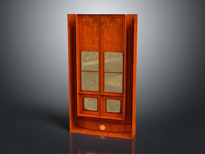 Vertical Wooden Cabinet With Glass Panel Doors Rectangular Design And Decorative Knob 3d model