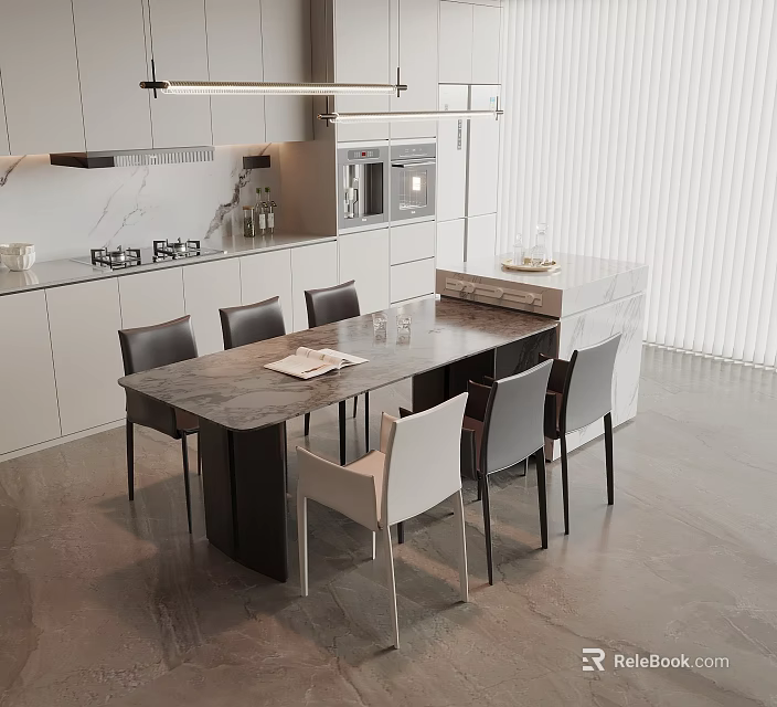 Modern Restaurant Interior With Dining Table Marble Top Chairs Open Kitchen And Hanging Lights 3d model 