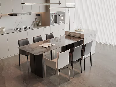 Modern Restaurant Interior With Dining Table Marble Top Chairs Open Kitchen And Hanging Lights 3d model
