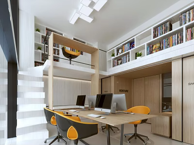 Modern Office Workspace With Wooden Desk Computers Yellow Chairs Bookshelves And Green Plants 3d model