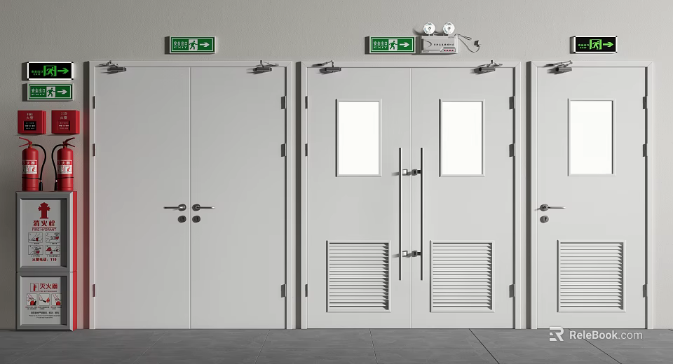 White Safety Exit Double Doors With Emergency Lights And Signage 3d model 