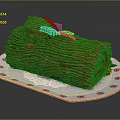 Decorated Wooden Log Cake With Green Leaves On White Plate And Lace Doily