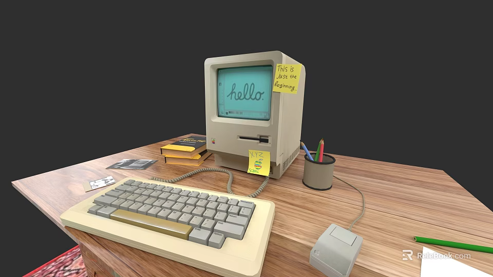 Vintage Computer Setup With Monitor Keyboard Sticky Notes And Pencils On Wooden Desk 3d model 
