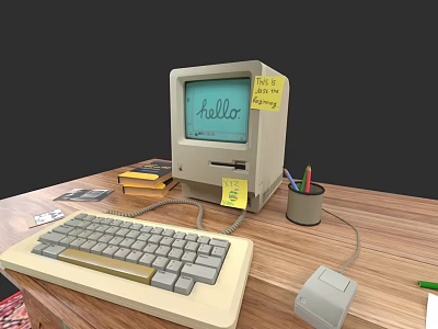 Vintage Computer Setup With Monitor Keyboard Sticky Notes And Pencils On Wooden Desk 3d model