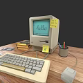 Vintage Computer Setup With Monitor Keyboard Sticky Notes And Pencils On Wooden Desk