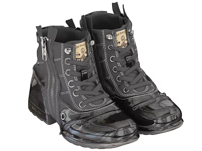 Black High Top Boots With Zipper Laces Shiny Material And Decorative Details 3d model