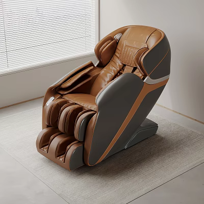 Modern Brown Gray Leather Massage Chair With Full Body Massage Features In Living Room Setting 3d model