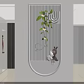 Modern Minimalist Wall Decor With Green Plant Vines Rabbit Figurine And Curved Light Strip Design
