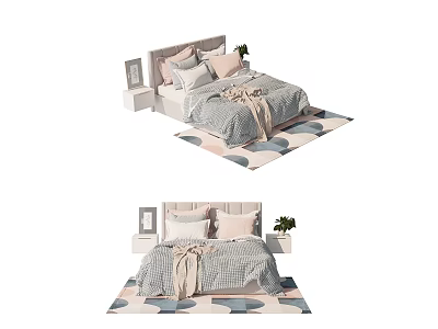 Modern Double Bed Interior Design With Upholstered Headboard Pillows Blanket Nightstand And Geometric Rug 3d model