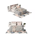 Modern Double Bed Interior Design With Upholstered Headboard Pillows Blanket Nightstand And Geometric Rug