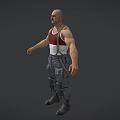 Bald Man With Red Tank Top White Suspenders Gray Cargo Pants Knee Pads And Boots