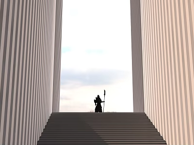 Staircase Framed By Tall Striped Pillars With Person Silhouette And Cloudy Sky 3d model