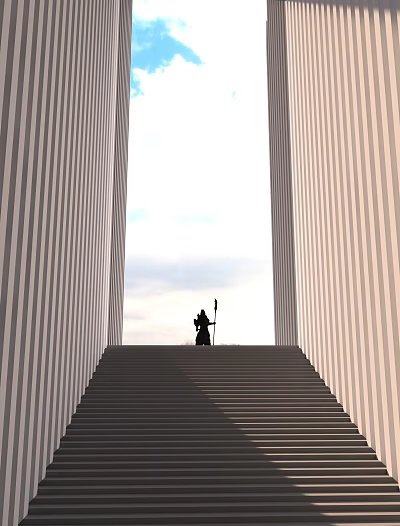 Staircase Framed By Tall Striped Pillars With Person Silhouette And Cloudy Sky 3d model