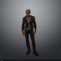 Futuristic Character With Short Hair In Orange And Black Outfit Standing Against Gray Background