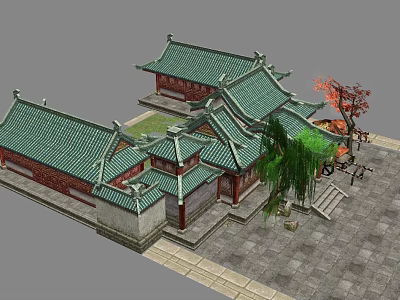 Ancient Chinese Architecture Featuring Green Tiled Roofs Red Walls Courtyard And Traditional Overhanging Eaves 3d model