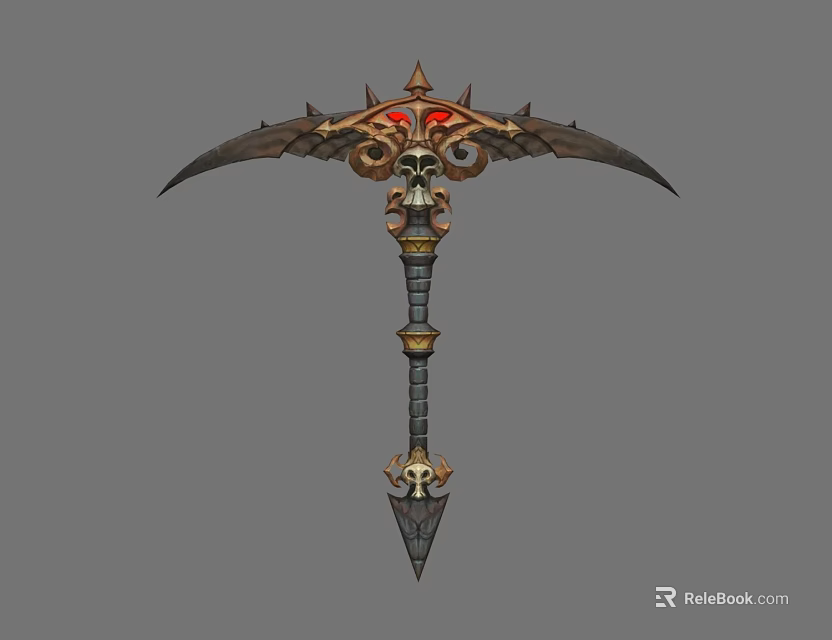 Ornate Spiked Scythe Weapon With Skull Head Red Eyes And Golden Details 3d model 