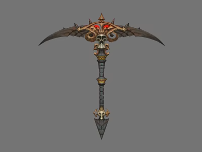 Ornate Spiked Scythe Weapon With Skull Head Red Eyes And Golden Details 3d model